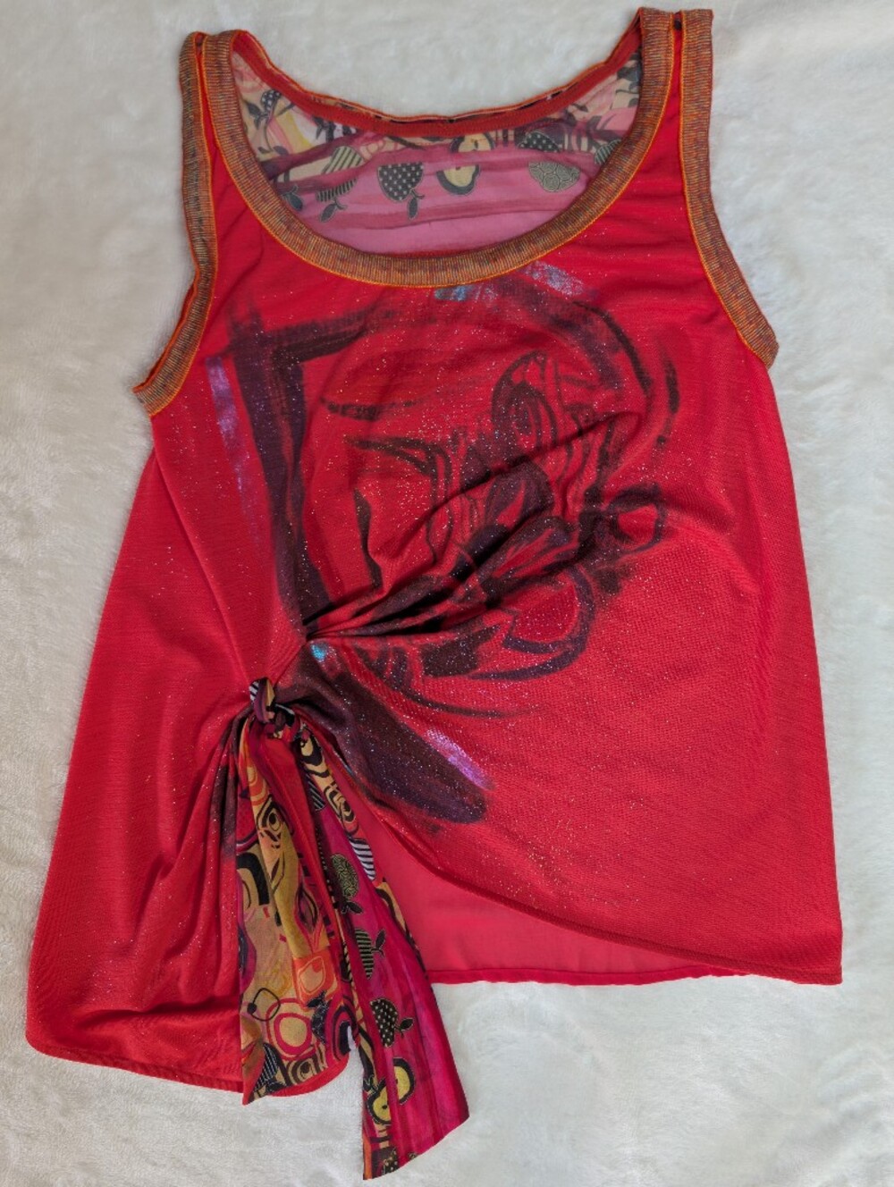 Save The Queen Red Sleeveless Graphic Knot-Front Top